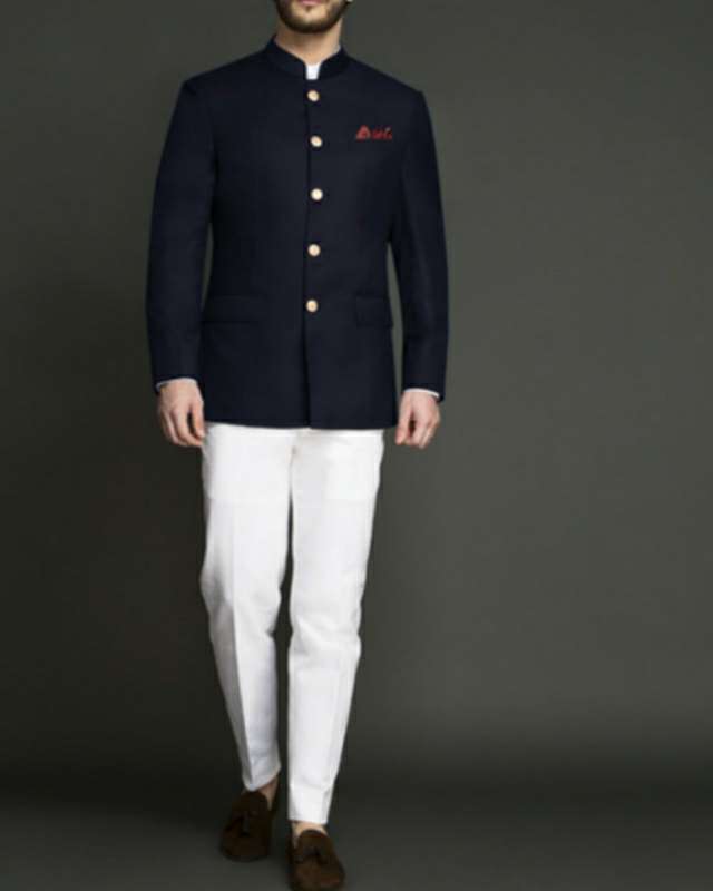 Rayon Best Blue Color Jodhpuri Suit With White Paint