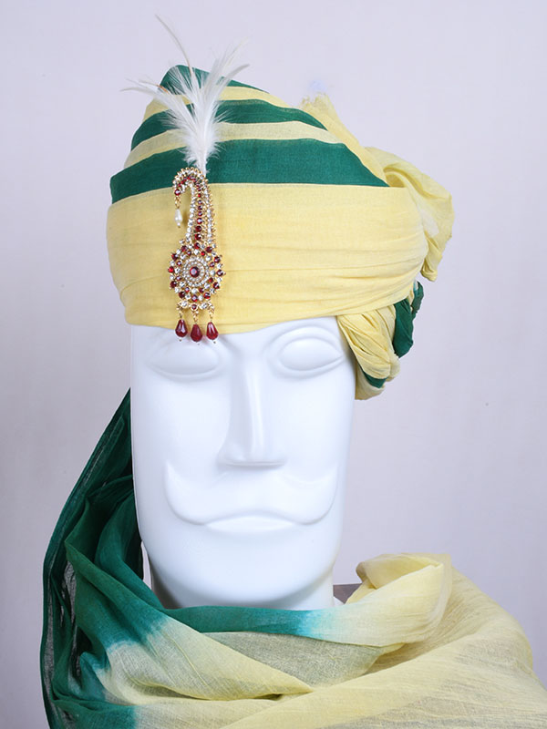 Jodhpuri light yellow Dark Green shaded Safa