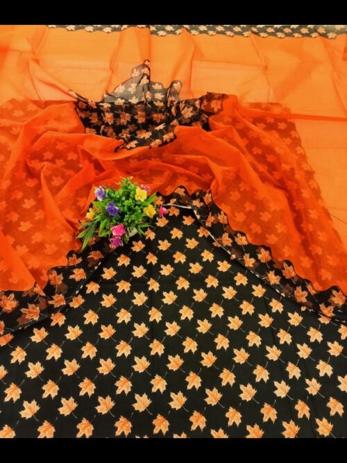 Elegant Black Cotton Suit with Vibrant Floral Print and Odhna - Image 3
