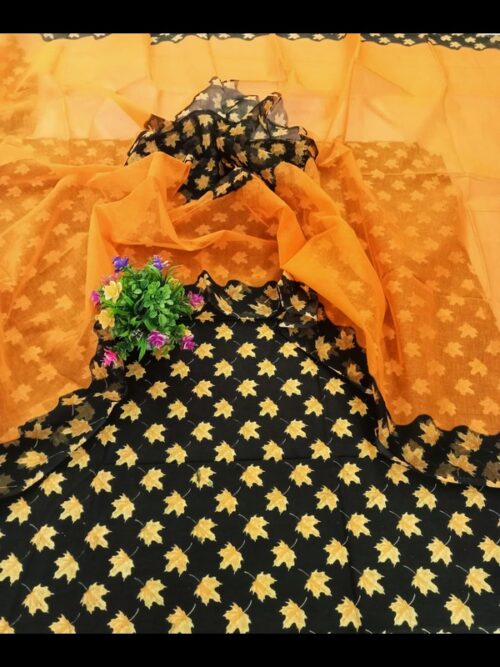 Elegant Black Cotton Suit with Vibrant Floral Print and Odhna - Image 6