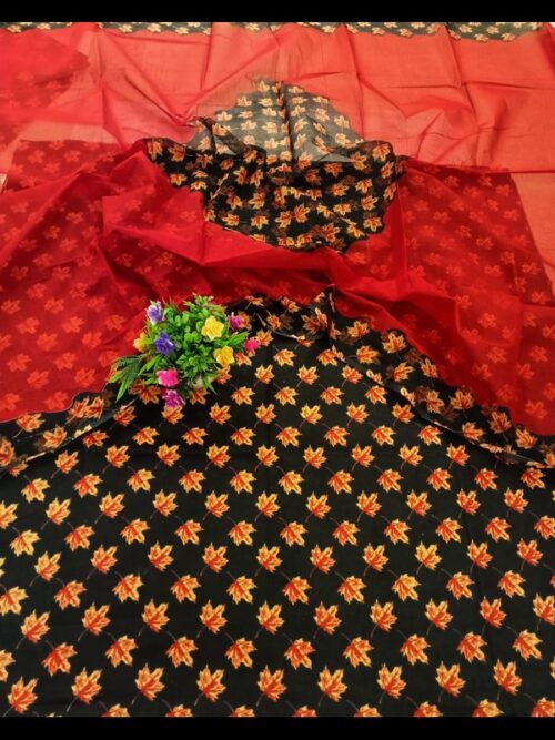 Elegant Black Cotton Suit with Vibrant Floral Print and Odhna - Image 5
