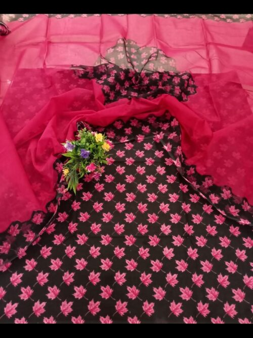 Elegant Black Cotton Suit with Vibrant Floral Print and Odhna - Image 4