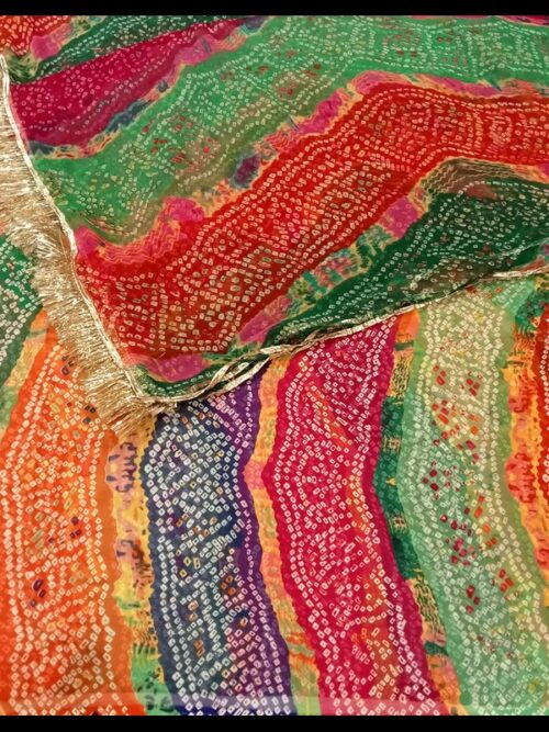 Vibrant Pachrangi Jorjat Chunri Bhandhej Print Suit with Gotta Kiran Border - Image 2